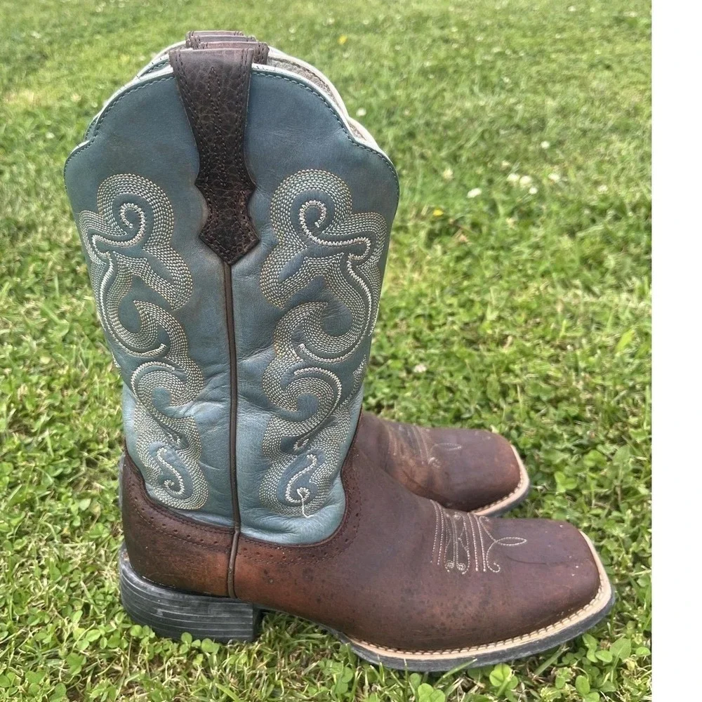 Ariat Quickdraw Western Cowboy Boots Women's 9B Brown Turquoise Square Toe - Picture 9 of 12